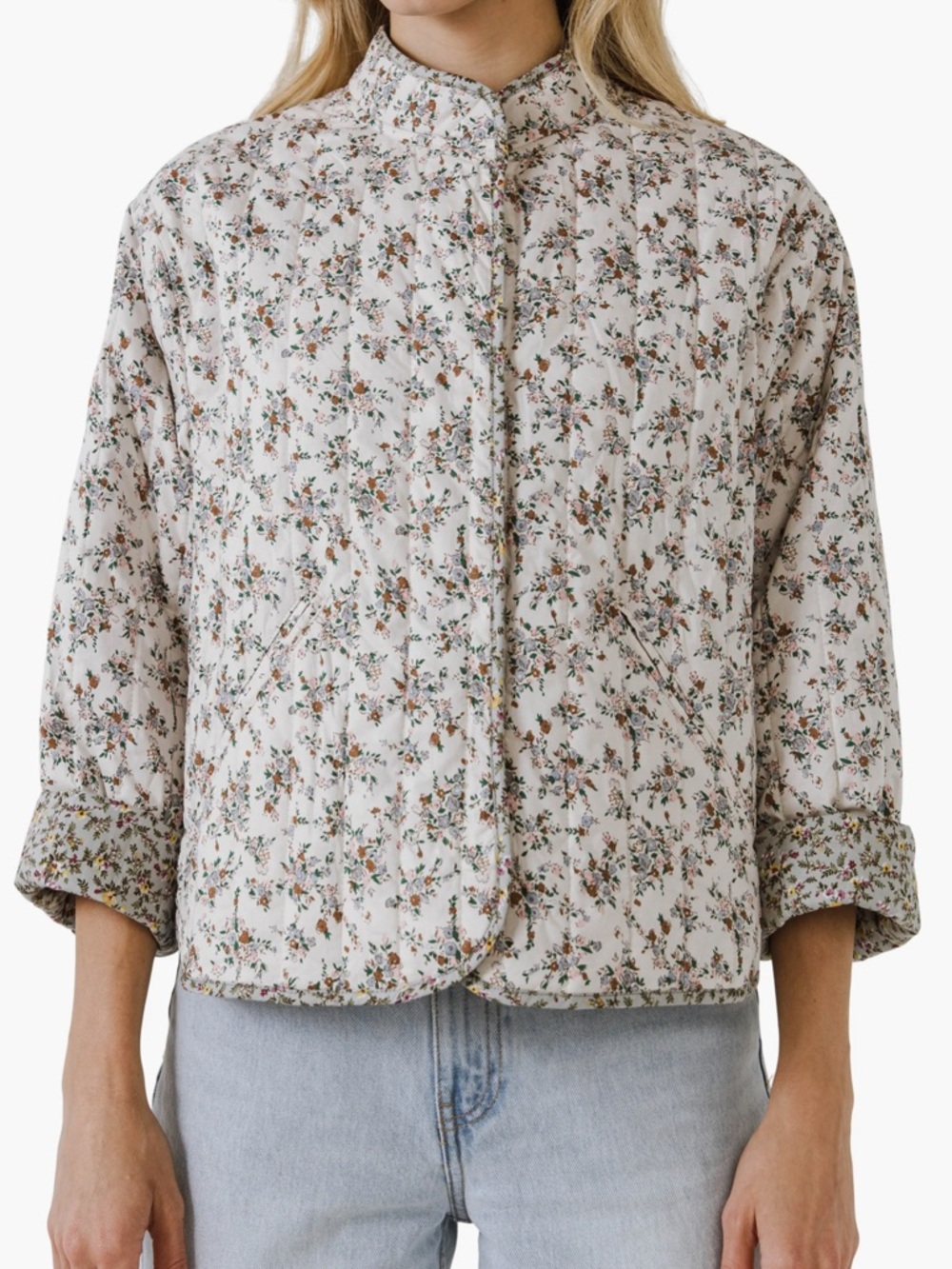 English Factory Quilted Floral Jacket in Cream and Green